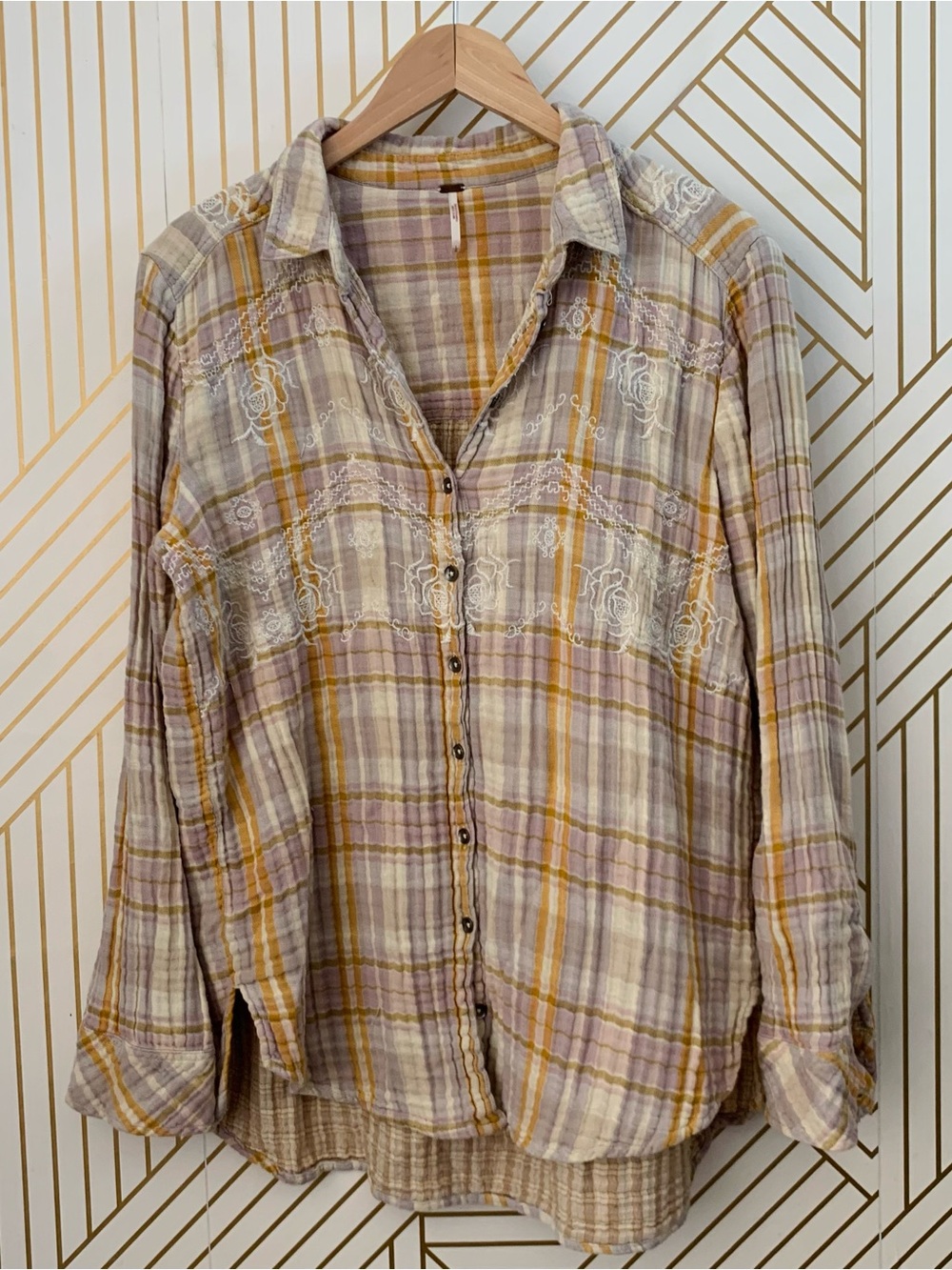 Free People Magic Plaid 100% cotton Button Front Long Sleeve Shirt gauze boho L